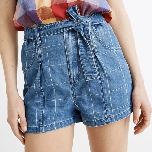 Madewell Denim Paperbag Shorts Windowpane Check Size 29 High Rise Preppy NWOT - Picture 1 of 9